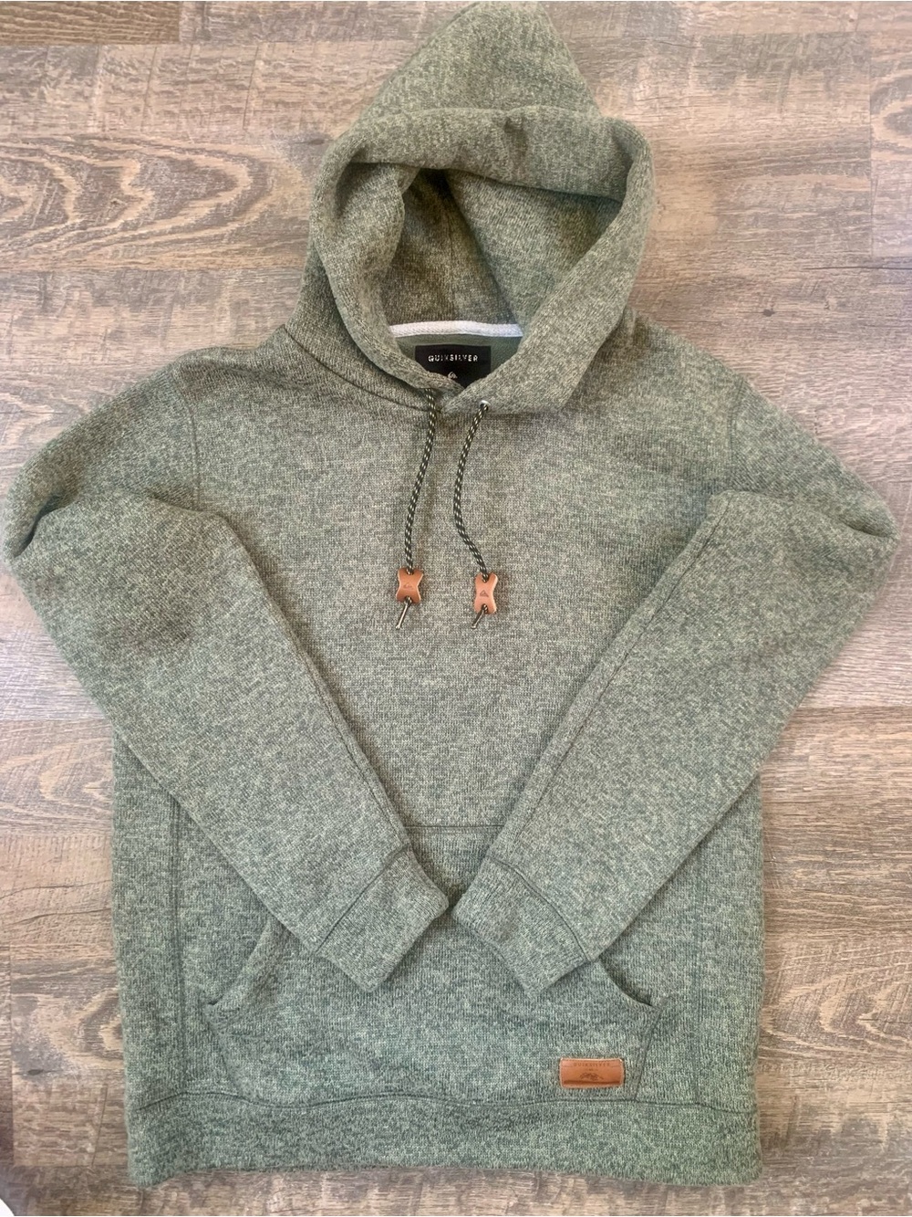 Quicksilver Fleece Lined Hoodie Surf Skate Men's Green Hooded Knit Sweater